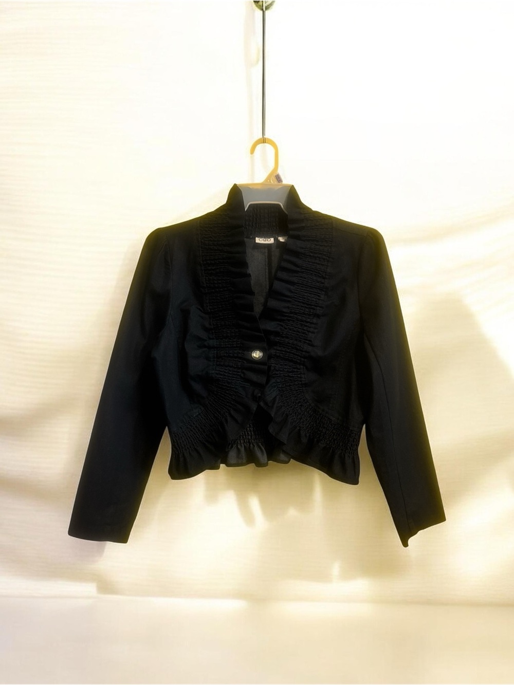 Women’s Denim Ruffled Cropped Jacket - Elegant Evening Coat - Picture 5 of 14